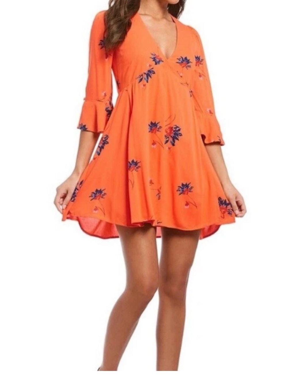 Free People S Mini Dress Surplice Wrap Floral Boho Hippie Peasant Orange Bell